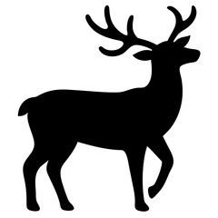  A black silhouette of a standing deer with large antlers, depicted in a simple and elegant style against a white background 