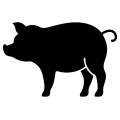 A clean, black silhouette of a pig standing in profile, with a focus on its distinctive shape and curly tail, isolated on a white background 