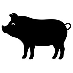 A clean, black silhouette of a pig standing in profile, with a focus on its distinctive shape and curly tail, isolated on a white background 