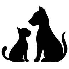 Black silhouette of a dog and cat sitting together on a white background