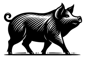 Fototapeta premium Detailed Black and White Illustration of a Walking Pig with Striped Pattern