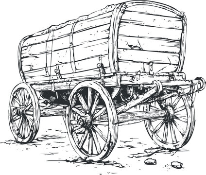 Detailed black and white sketch of an old wooden wagon with four spoked wheels used for transport and farming