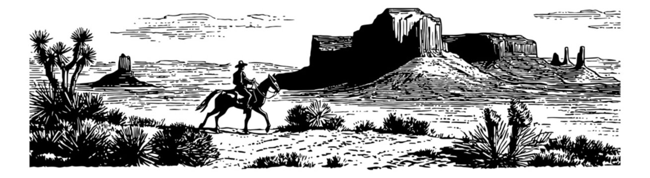 Man riding horse in desert landscape with mountains in vintage vector black and white outline engraving style