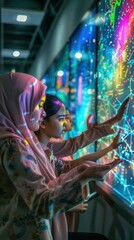 Fototapeta premium Muslim Hijab Students wearing headscarves are engaged in an interactive learning activity on a colorful, high-tech blackboard. Interactive Learning Experience