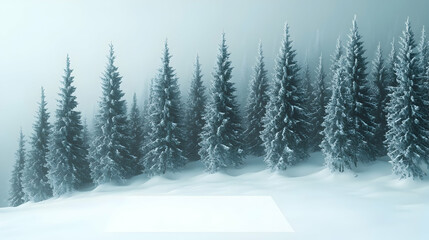 Naklejka premium Snowy landscape with snow-covered evergreen trees in a foggy forest