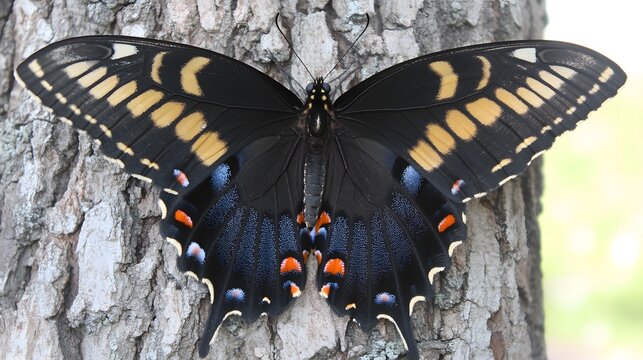 Detailed Black Swallowtail butterfly with vibrant yellow blue orange spots resting vertically on textured tree bark outdoors