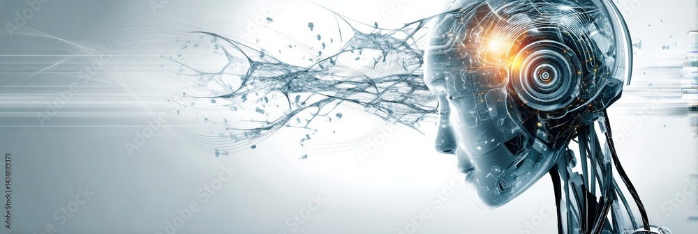 Poster futuristic robot head with transparent casing showcasing advanced ai core and intricate design in a 