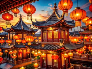 Festive Chinese Lanterns Illuminate Traditional Pavilions at Night