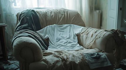 Simple white shirt rests on dusty armchair.
