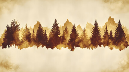 Watercolor painting of a mountain range with evergreen trees  Silhouetted conifers and peaks in sepia tones