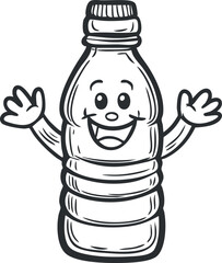 Black and white cartoon illustration of a happy smiling plastic bottle character with raised hands