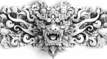 Ornate, stylized lion-like creature design with decorative clouds.