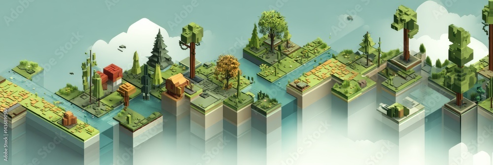 Aufkleber exploring a minimal pixel art world in a 3d environment with a clean layout and vibrant landscapes