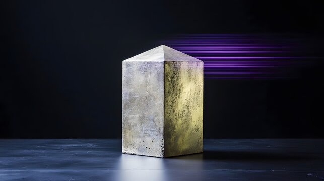 Minimalist concrete obelisk pillar standing tall with vibrant purple light streaks on a dark background abstract concept