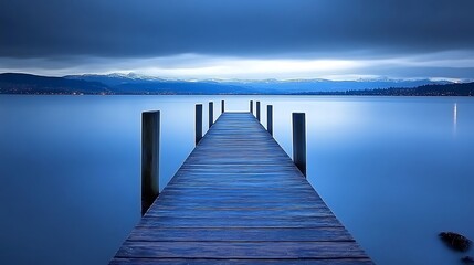 Obraz premium Mystical allure of a twilight pier stretching over tranquil waterscape