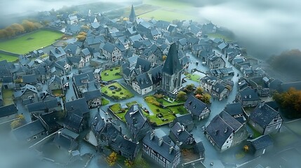 Charming medieval town aerial view