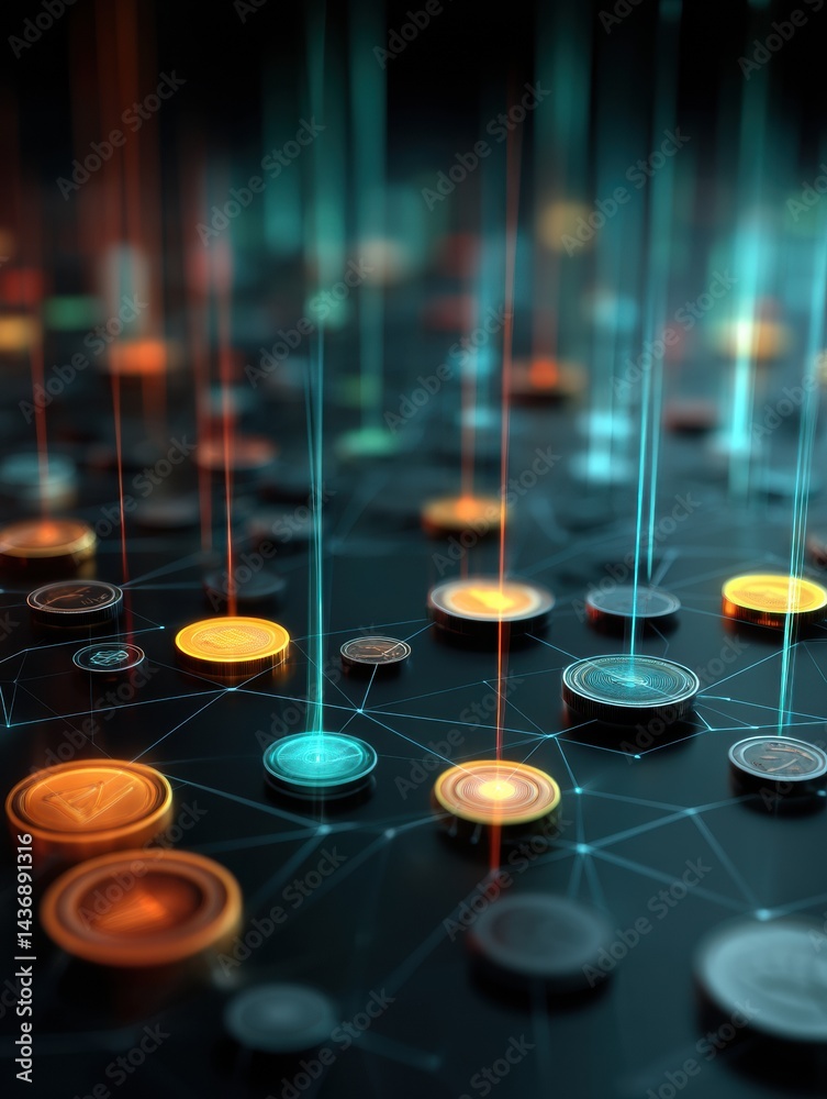 Poster floating crypto coins and dynamic graphs create a futuristic digital landscape in an advanced virtua