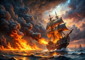Obraz premium Fiery Shipwreck: Burning Vessel in Apocalyptic Seascape - Dramatic Stock Photo