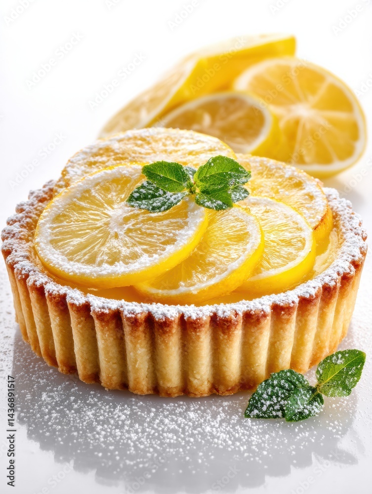 Poster Lemon Tart With Powdered Sugar and Fresh Citrus Slices Displayed on a White Surface for Dessert Presentation