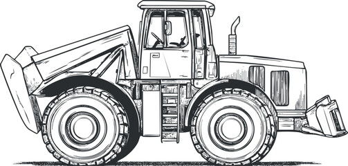 Black and white sketch of a heavy construction tractor with large wheels and loader bucket