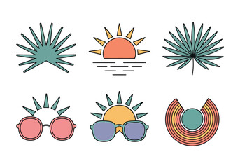 Bright Summer Vector Set: Suns, Palm Leaves Fun Sunglasses