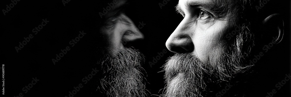 Poster high-contrast black and white portrait of a man with a thick beard captured under studio lighting, e