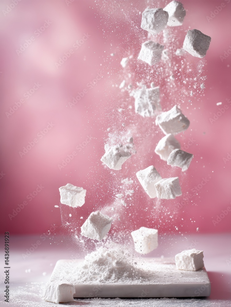 Poster Floating Meringue Pieces Surrounded by Powdered Sugar Create a Whimsical Culinary Spectacle in a Vibrant Pink Setup