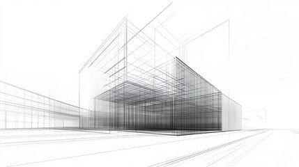 Architectural sketch of a modern building with transparent walls and a complex structural design