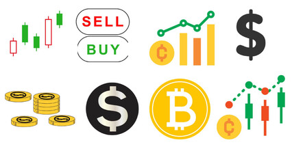 The image showcases a colorful, modern vector set of financial and  market icons. It includes candlestick charts, 
