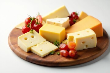 Elegant cheese platter, gourmet cheeses, white backdrop, appetizer, delicious, tasting