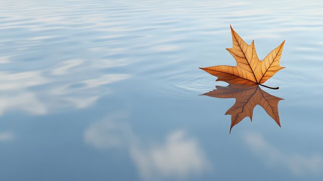 Single golden brown autumn maple leaf gently floating on calm blue water reflecting the serene sky creating ripples