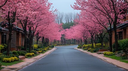 Pink cherry blossoms line a residential street.