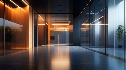 Illuminated modern hallway with glass walls and sleek design in a contemporary building space style