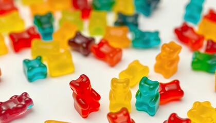 Naklejka premium Colorful Gummy Bears Assortment Isolated on White Screen Background Featuring Red Yellow Green and Brown Candies Perfect for Ads Promotion and Sweet Designs