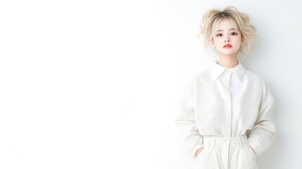 Stylish young woman in all-white outfit