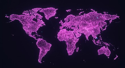 World map made of glowing pink dots on dark background