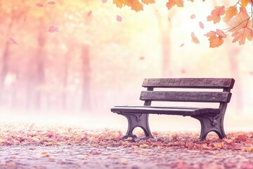 A solitary bench in an autumn park, surrounded by fallen leaves in a serene atmosphere.