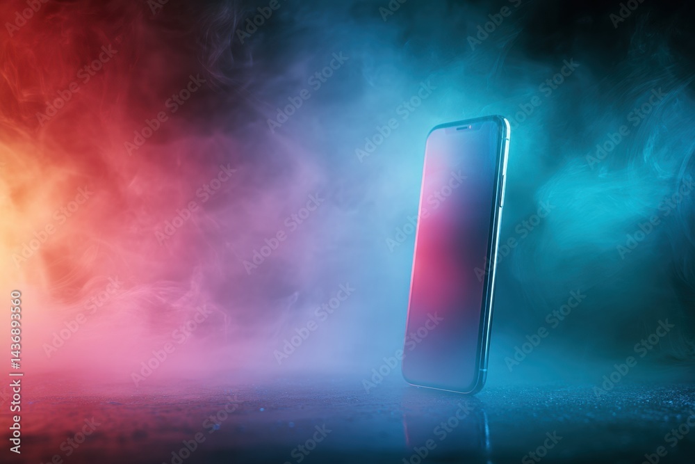 Poster floating smartphone amidst colorful gradient fog creates a dreamy and immersive aesthetic in a surre