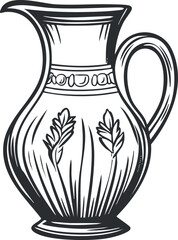 Black and white illustration of a decorative ceramic pitcher with handle and floral ornament