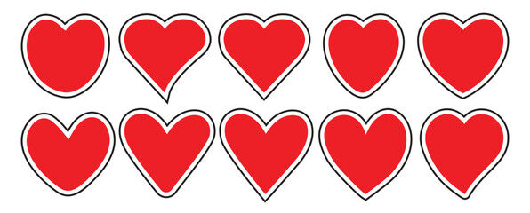 Set of 21 different simple red hearts isolated on white for t-shirt design. Hand drawn style. heart love symbols. Vector illustration.
