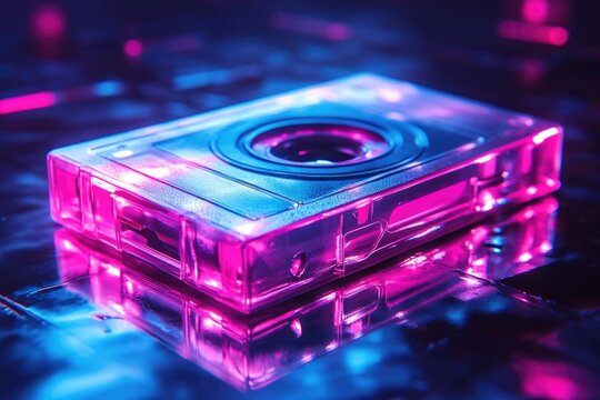 A transparent audio cassette tape illuminated with vibrant pink and blue neon lights, reflecting on a metallic surface.