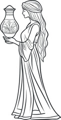 Black and white line drawing of an elegant woman in flowing dress holding an ornamental vase in profile view.