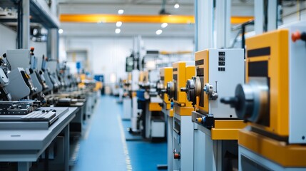 Fototapeta premium Interior view of a factory floor with rows of yellow and white industrial machines in operation