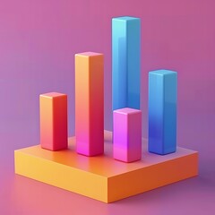 Simple 3D bar chart graph with colorful columns on a platform. Business data visualization for growth, statistics, finance, and comparison concepts.
