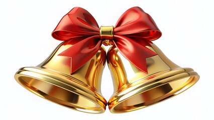 Golden Bells with Red Bow - Isolated 3D Rendered Festive Decoration