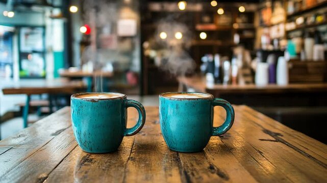 Two steaming cups of latte art on a wooden table surface in a cafe, inviting ambiance and soft light, blurred background.