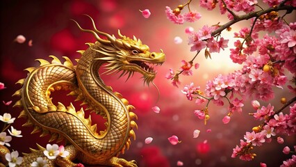 Fototapeta premium Golden Dragon Cherry Blossom Chinese New Year - Strength & Prosperity Stock Photo