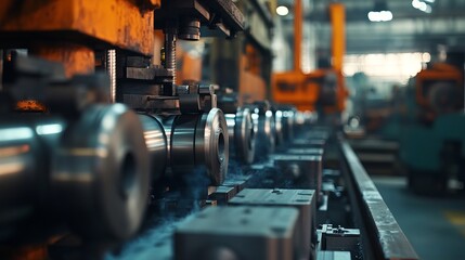 Fototapeta premium Close up of industrial metal rolling machinery with smoke and blurred background in factory setting