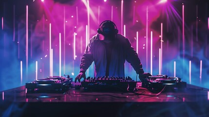 A DJ electrifies the crowd with music at a colorful, vibrant night party scene. DJ Rocks Party.DJ playing music at mixer on colorful foggy background