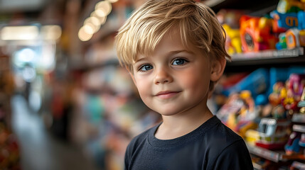 Portrait of a young boy in a toy store.